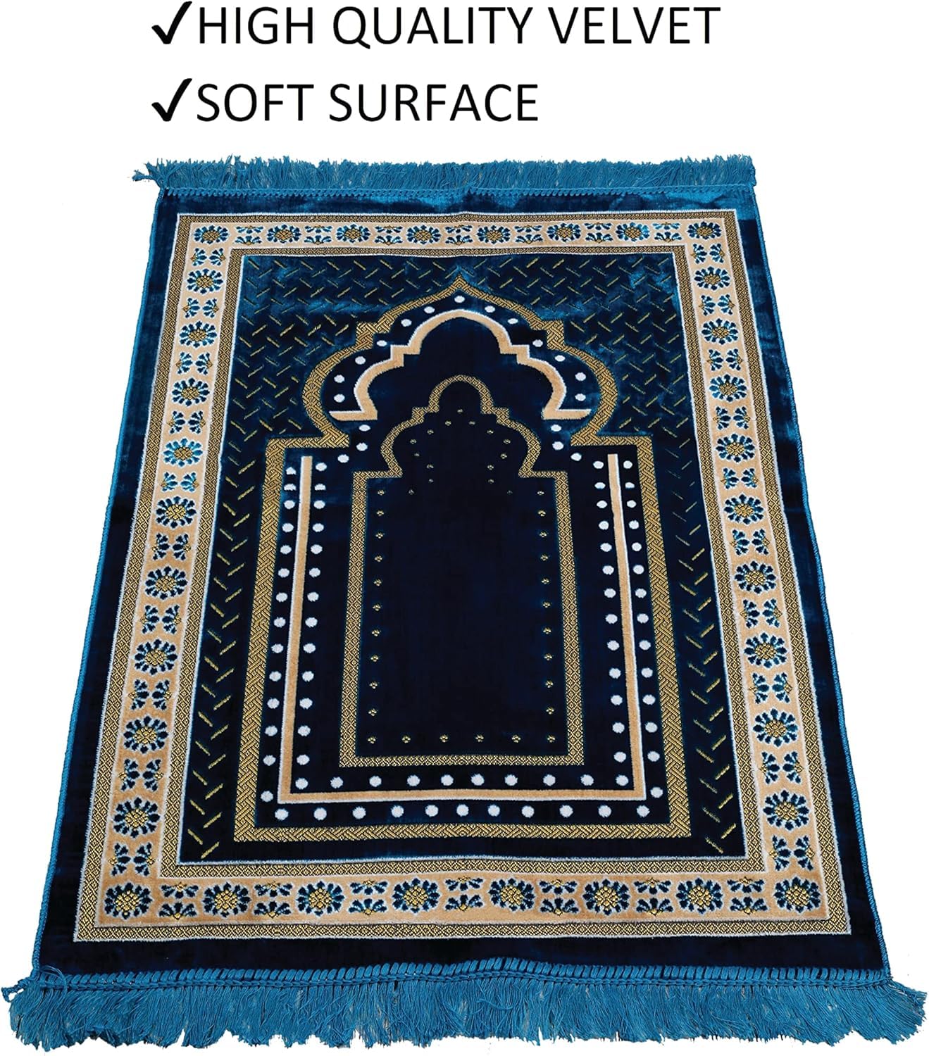 TB Muslim Prayer Rug Islamic, Soft Velvet Mat Ramadan Gift, with Prayer Bead Unique Decoration Gilded Gold-Like Embroidered for Women Man Kids Meditation Turkish African (Blue)