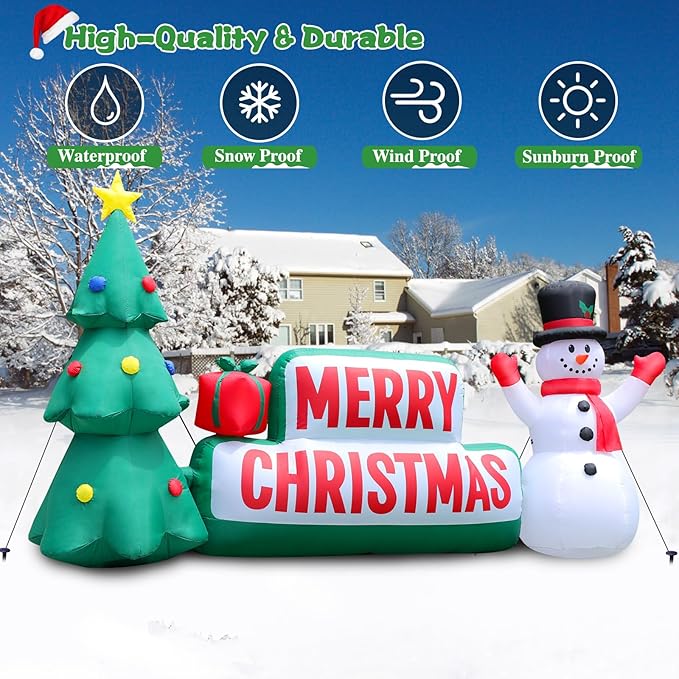 FunFanso 10 FT Long Christmas Inflatable Merry Christmas Sign Outdoor Decorations, Blow up Xmas Sign with Christmas Tree and Snowman, Built-in LED Lights for Yard Lawn Garden Holiday Party Home Porch