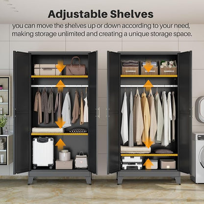 winiowa Metal Armoire Wardrobe Closet with 2 Mirror Doors, 71" Wardrobe Cabinet with Adjustable Shelves and Hanging Rod, Clothing Storage Cabinet Closet with Mirror for Bedroom-Black