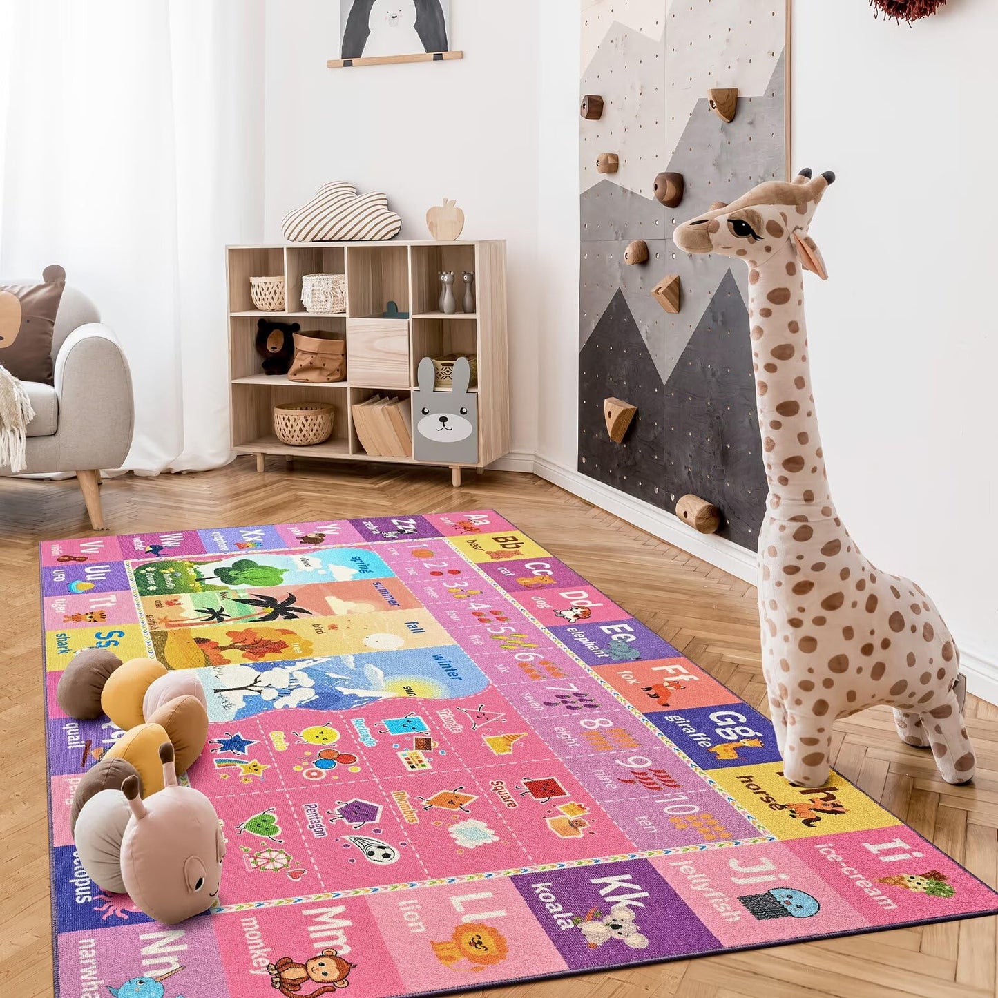 Macgace ABC Kids Rug for Playroom, 3x5 Pink Purple Washable Classroom Area Rugs, Toddler Educational Play Mat with Alphabet Numbers Seasons Shapes, Learning Fun for Preschool Children