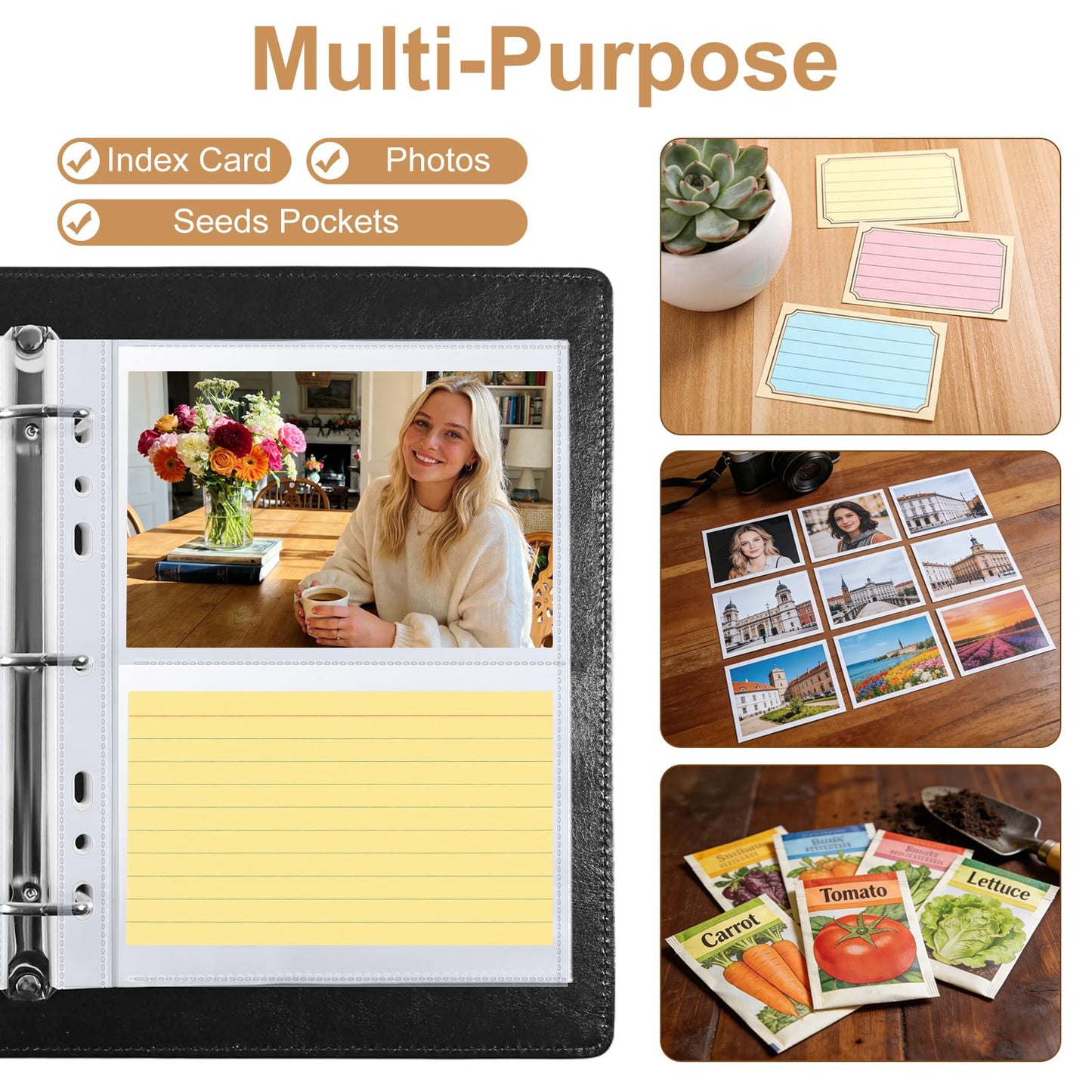 BYSTER 3x5 Index Card Holder, 40 Pack 160 Pockets A5 Binder Index Card Sleeve Pages, Ultra-Clear Protective Sleeves Faux Leather Index Card Binder for Photos, Seed Packets & Note, Side Loading