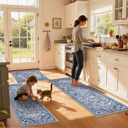 Ileading Boho Kitchen Rugs Sets 3 Piece with Runner Floral Kitchen Floor Mat Carpet Farmhouse Kitchen Rugs and Mats Non Skid Washable Runner Rug for Kitchen Floor Office Sink Laundry, Blue