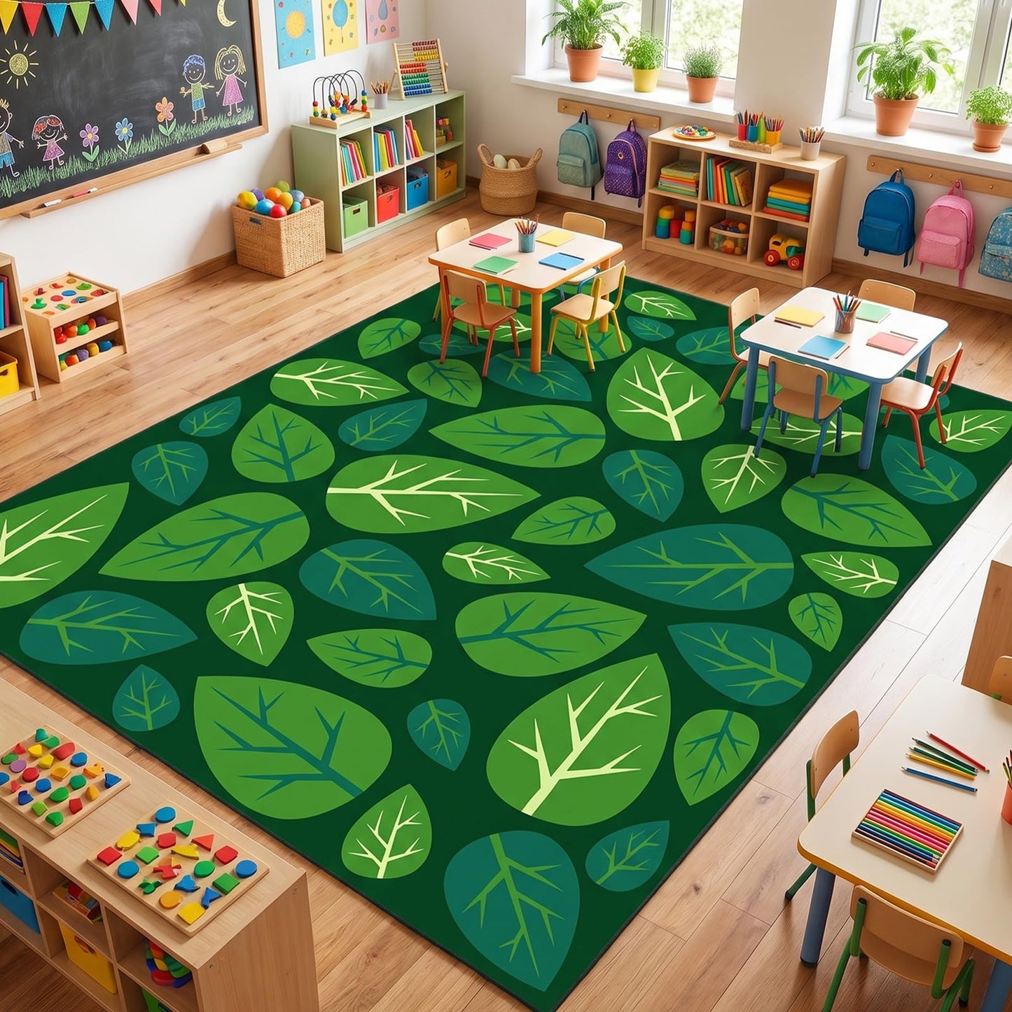 Frienda 13 x7.5 ft Large Classroom Rug for Back to School Decor Green Leaves Rug Non Slip Carpet Soft Nylon Learning Rugs for Reading Corner Circle Time School Classroom Decor