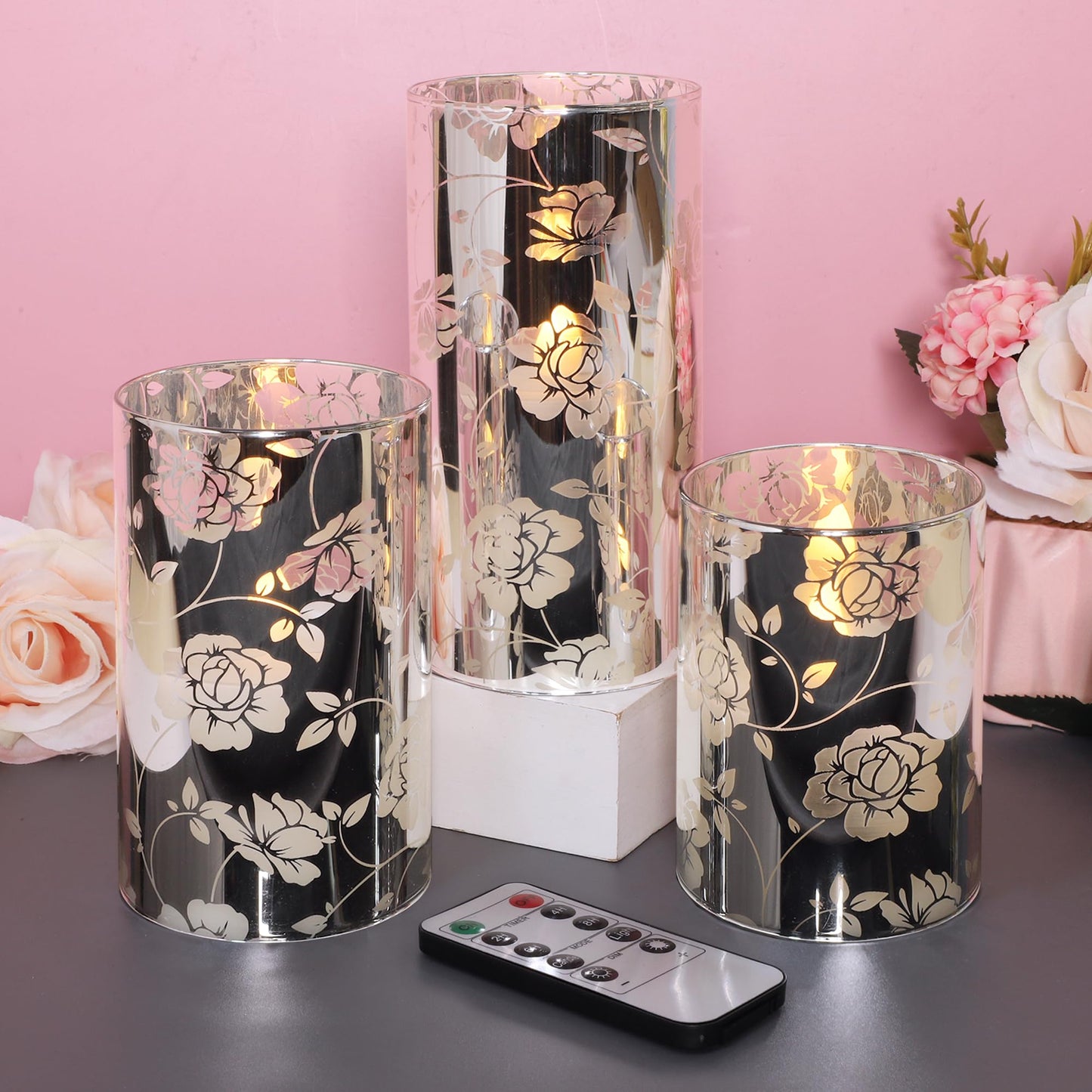 Floral Glass Flameless Candles Rose Romantic Battery Operated Candles with Remote Flickering LED Silver Real Wax Pillar Candle for Valentine's Day Wedding Party Home Christmas Decor, Set of 3