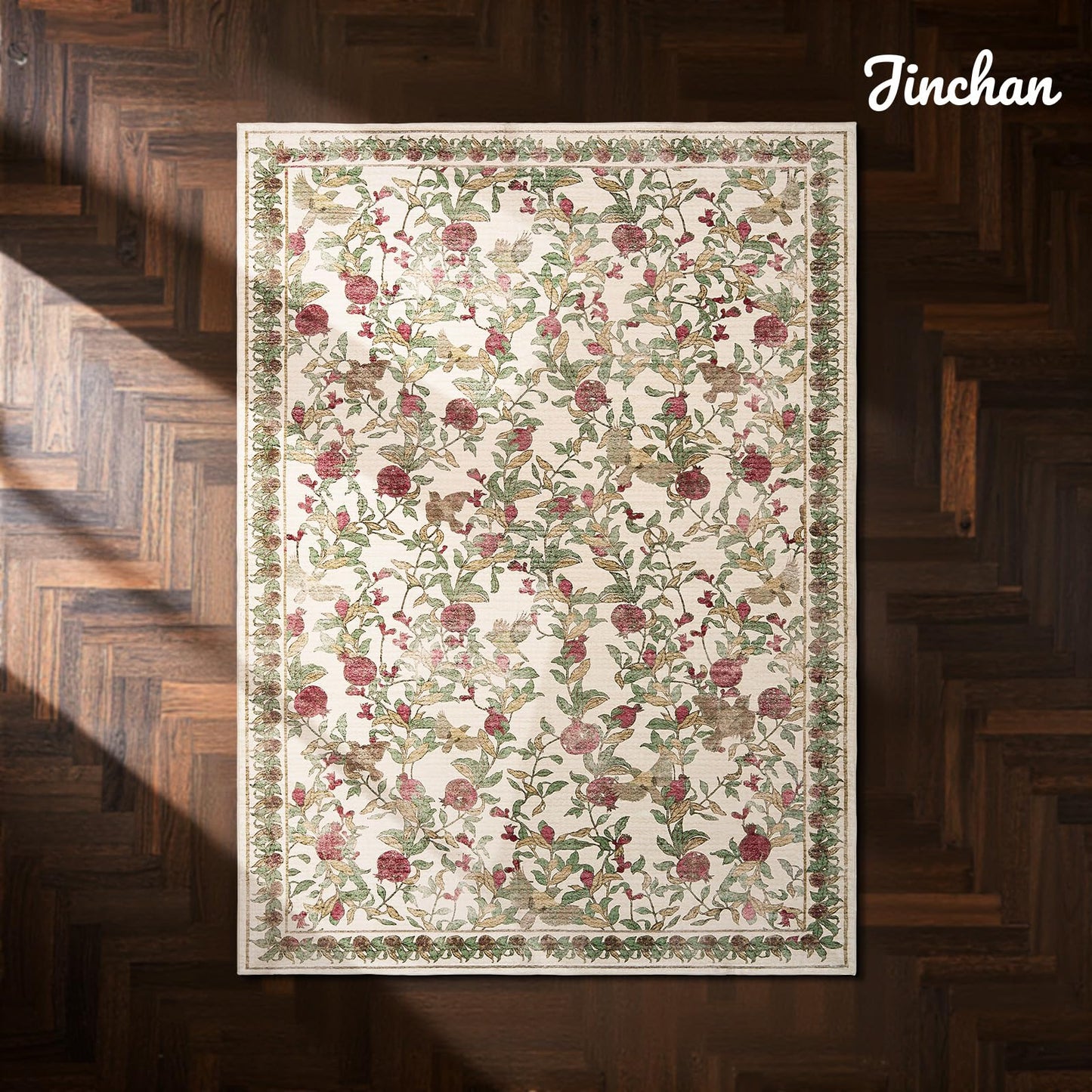 jinchan Eden Floral Area Rug 5x7 Washable Vintage Soft Non-Slip Distressed Red Green Carpet Low Pile Accent Rug for Living Room Kitchen Bedroom Dining Room Nursery
