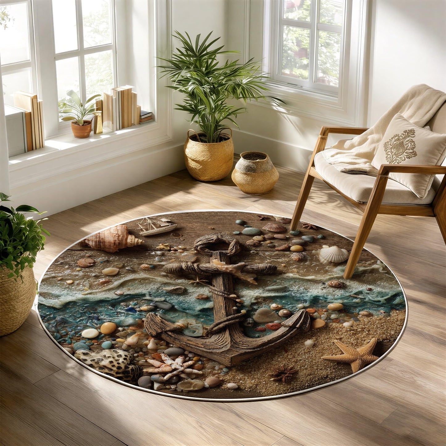 Coffee Table Rug Round Coastal Anchor Beach Seashell Mat, 5ft Ocean Wave Sand Floor Carpet for Living Room Bedroom Reading Nook, Nautical Driftwood Pebble Starfish Decorative Piece