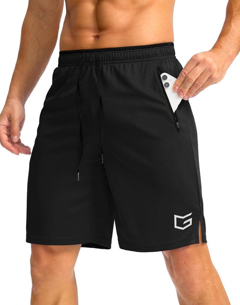G Gradual Men's Gym Shorts wtih Zipper Pocket 9" Athletic Basketball Mesh Shorts for Men Workout Quick Dry Lightiweight(Black,L)