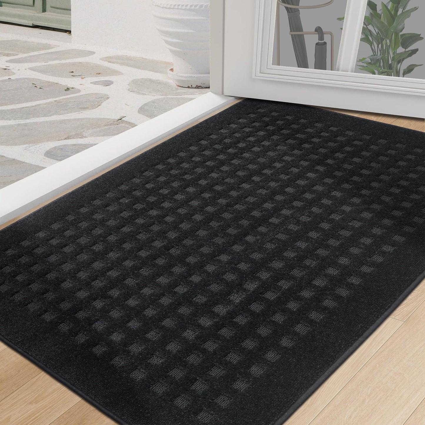 BEQHAUSE Dirt Trapper Door Mats 32"x48", Non-Slip Waffle Doormat Indoor Entrance Low-Profile, Dirt Resist and Absorbent Entryway Rugs Washable Inside Welcome Floor Mat for Front Back Door, Black