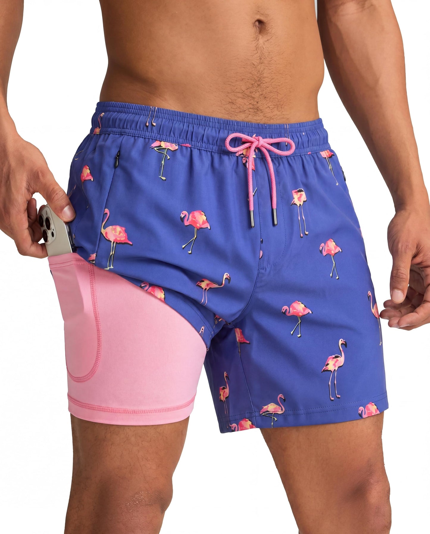 maamgic Mens Swim Trunks with Compression Liner 5 Inch, Quick Dry Bathing Suit with Zipper Pockets, Stretch No-Chafing Swim Shorts, Blue-Pink Flamingo X-Large