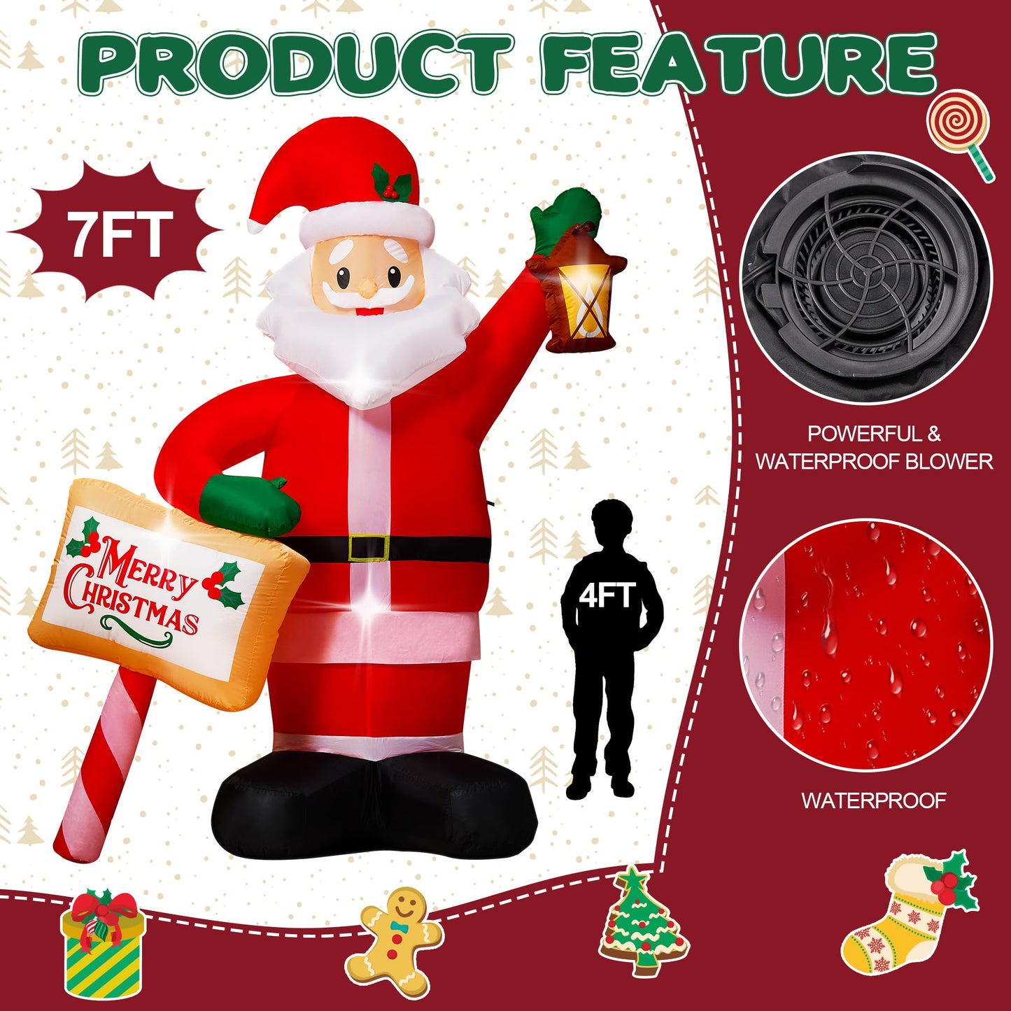 7FT Christmas Inflatables Santa Claus Outdoor Decorations, Blow up Santa Inflatables Holding Lantern & Merry Xmas Sign with Built-in LED Lights, Outdoor Holiday Yard Decor for Garden Lawn Porch