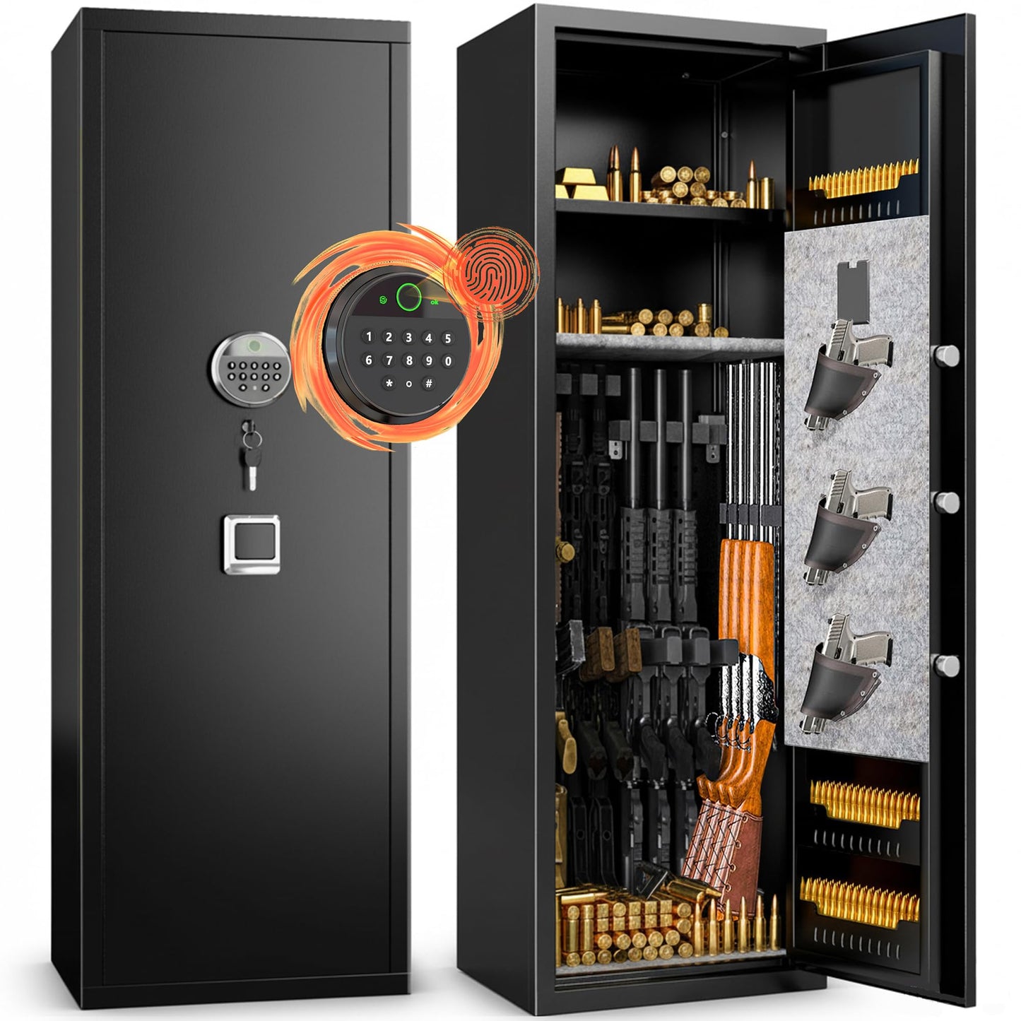 Gun Safe,Rifle Safe With Biometric Gun Safe, Heat-Resistant Heavy Duty Gun Safes, Large No-Assembly Rifle Safe for Home Defense with Adjustable Shelves, Black
