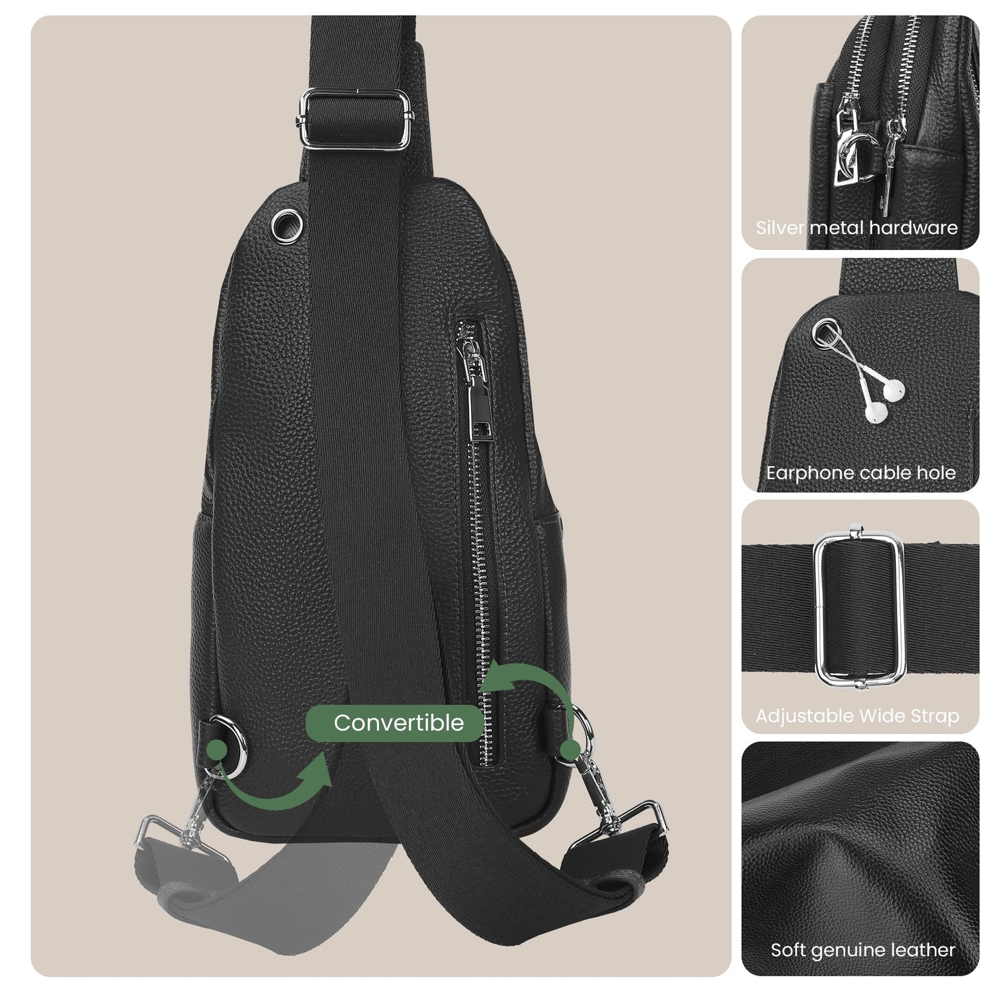 befen Black Genuine Leather Small Sling Bag for Women Anti-Theft Crossbody Bags Fanny Packs Chest Bag for Travel with RFID Blocking Card Slots