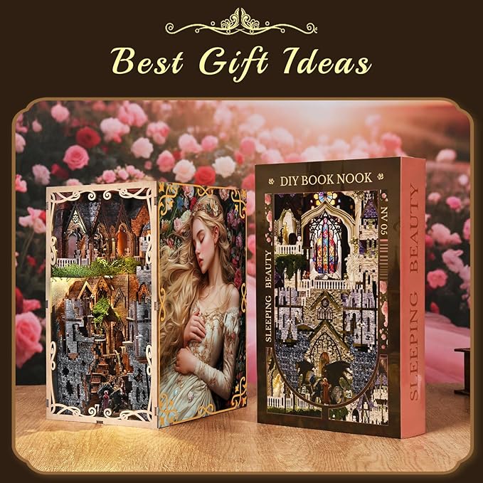 DIY Book Nook Kit for Adults 3D Wooden Puzzle Bookend Bookshelf Insert Decor with LED Light and Dust Cover (Sleeping Beauty)