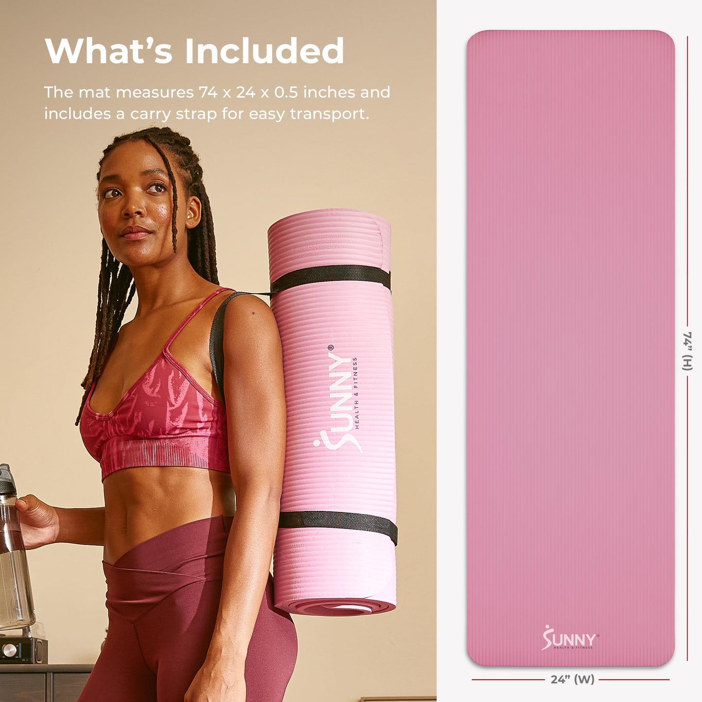 Sunny Health & Fitness Premium 1/2-Inch Extra Thick Exercise Yoga Mat Non-Slip High Density Pilates and Floor Workout Elastic Strap Portable with Carrying Strap - Pink - 74 x 24 Inches - SF-EM03-PK