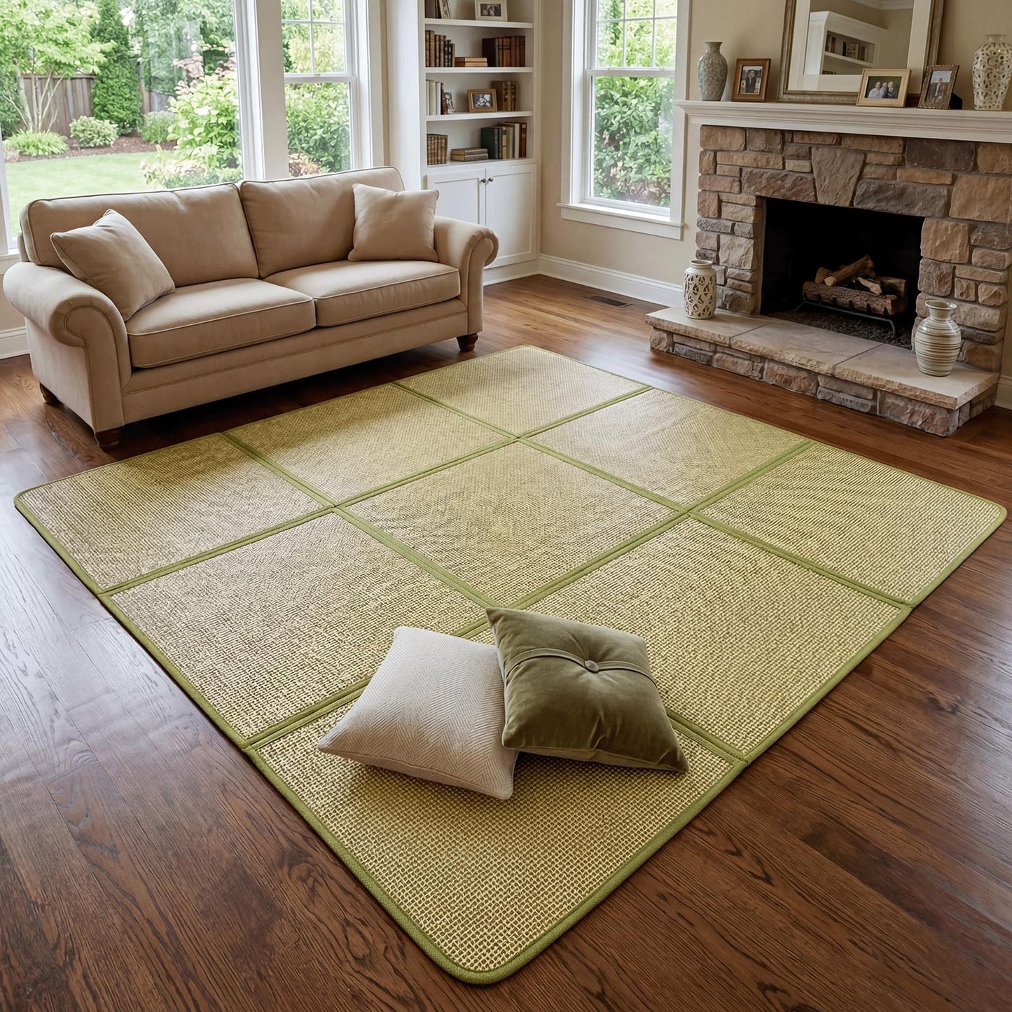 71'' x 71'' Large Japanese Tatami Mat, 0.47'' Thickness Foldable Thickness Rattan Japanese Floor Mats with Storage Bag, Non-Slip Breathable Memory Foam Area Rug Living Room Bedroom Yoga (Green)