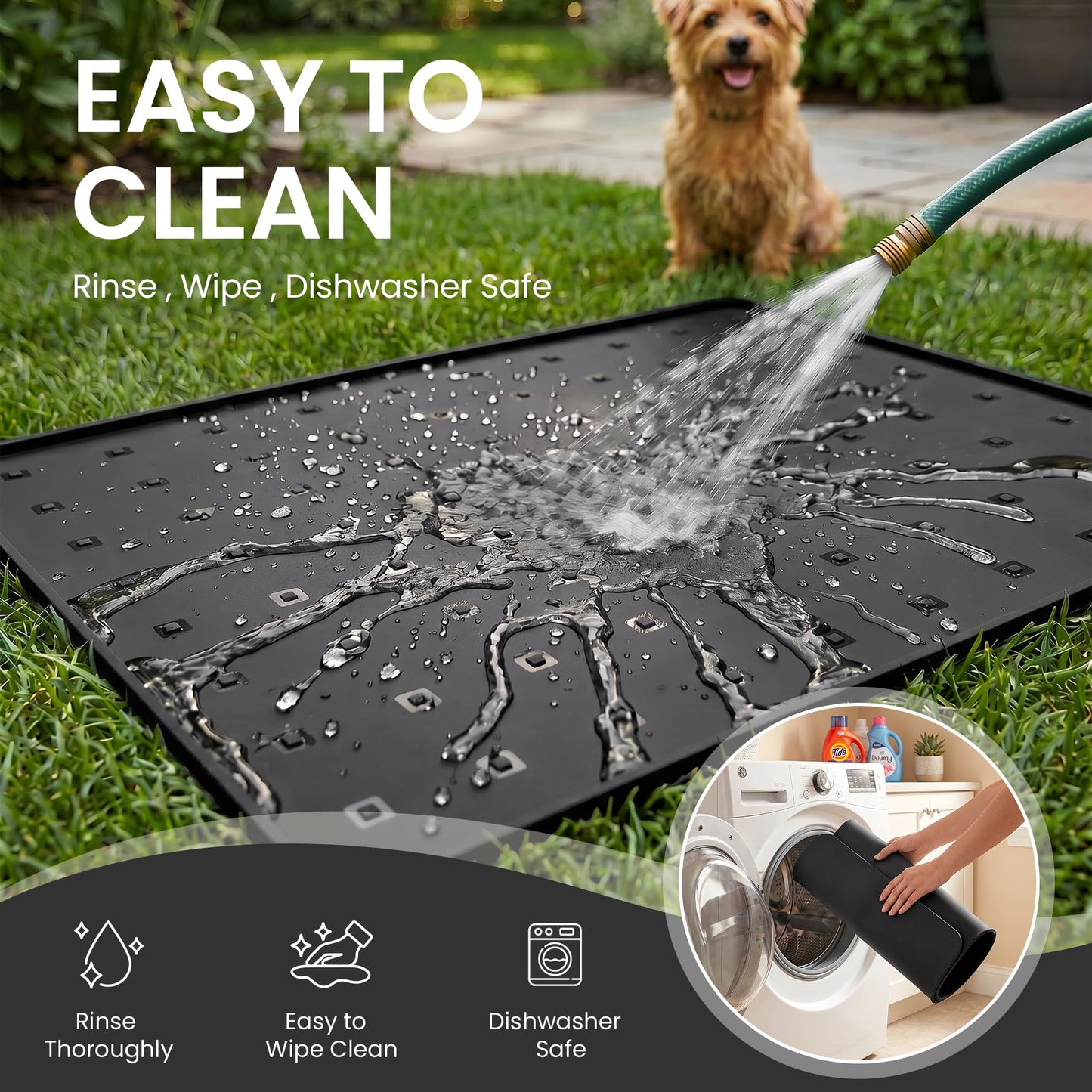 TCULOSD Silicone Pet Feeding Mat, 26x18 Inch Waterproof Dog Bowl Mat – Non-Slip, Machine Washable, Thin 0.23 Inch Edge for Messy Eaters, Protects Hardwood & Tile Floors, Black