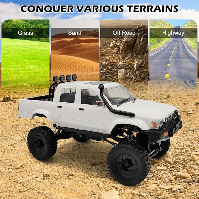 RC Rock Crawler WPL C64-1 RC Truck 1:16 Scale 2.4GHz Remote Control Truck 4WD All Terrain Off-Road RC Crawler with LED Lights and 2 Rechargeble Batteries for Adults (Red)