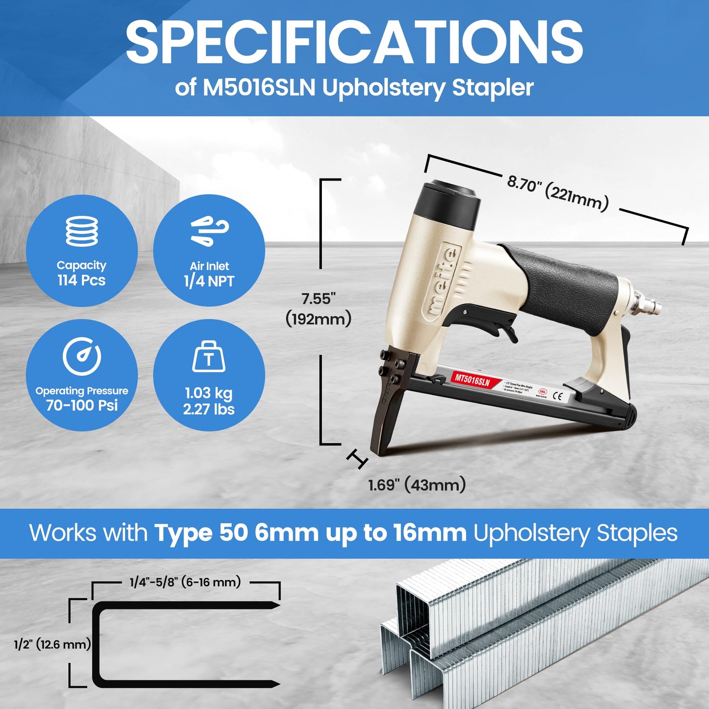 meite Upholstery Staple Gun with Extended Nose &Safety Trigger for 20 Gauge 1/2-Inch Crown Staples, Heavy-Duty Pneumatic Stapler for Woodworking and Decoration DIY Projects (Model MT5016SLN)