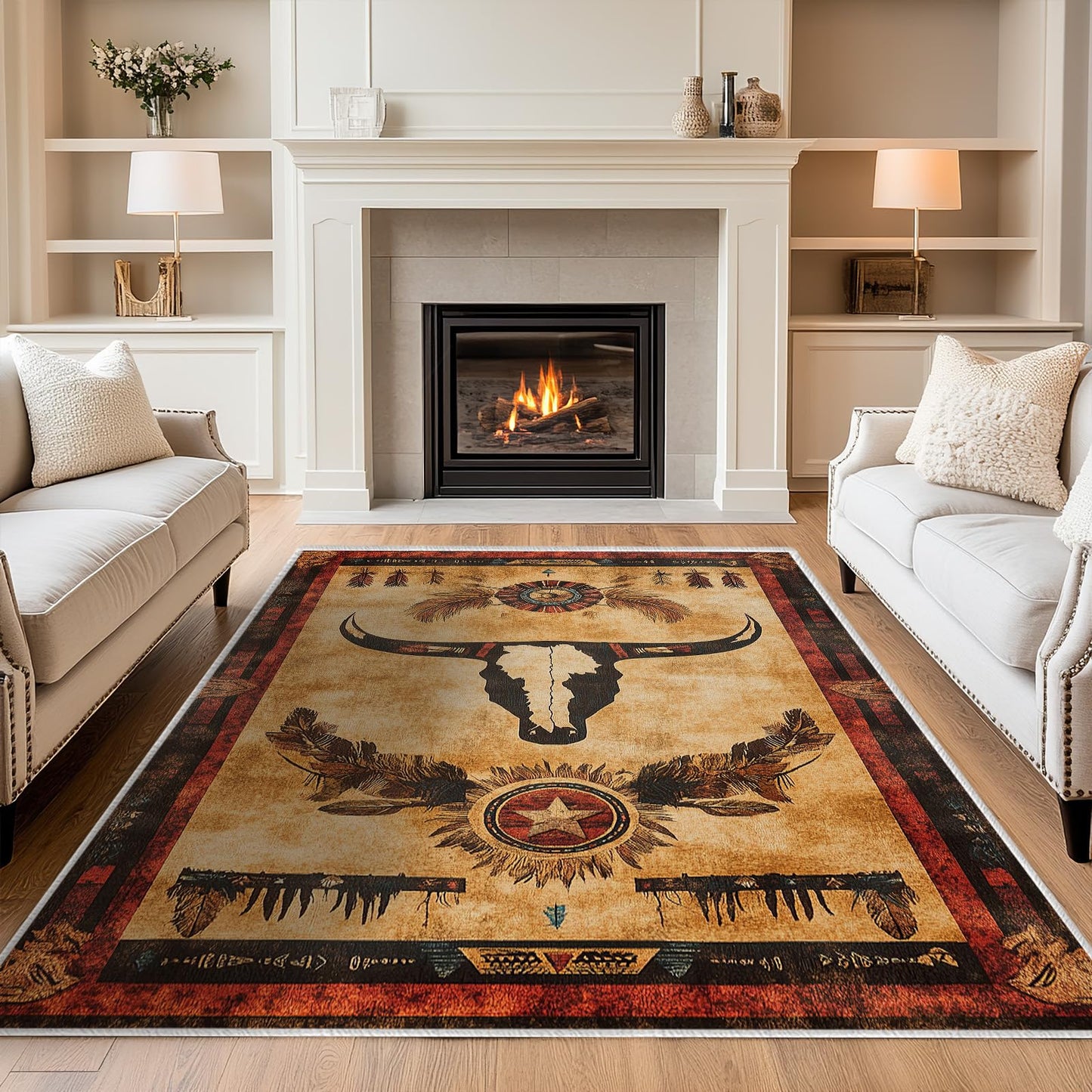 Western Area Rug Southwestern Cow Washable 5x7 Navajo Tribal Rugs for Living Room Bedroom Cowboy Rustic Non-Slip Soft Floor Large Carpet for Office Entryway Bathroom