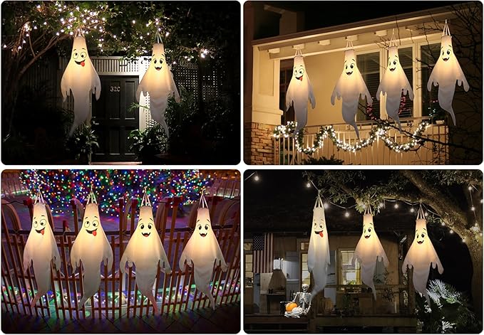 Halloween-Decorations-Outdoor Hanging-Ghost Windsocks for Trees with Timer, LED Ghosts to Hang in Tree Porch Yard, Waterproof, Timer,2 Pcs (No Batteries)