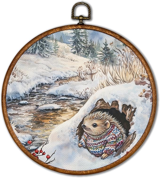KSDUT Vintage Winter Wall Decor Art - Snowy Hedgehog Wall Art Canvas Frame Hanging Prints, Retro Xmas Forest Woodland Wild Animal Round Wall Art Decor for Home Farmhouse Decorations 10"x10"