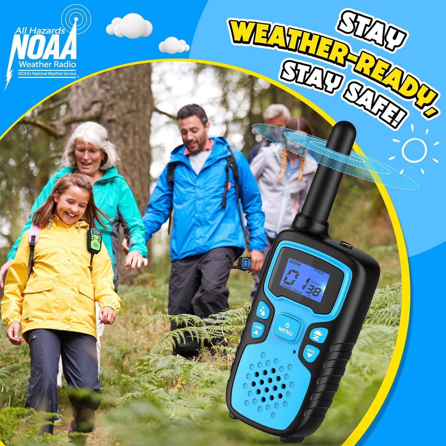 Wishouse Walkie Talkies for Kids Rechargeable Long Range,Xmas Birthday Gift for 4 5 6 7 8 9 Year Old Boys Girls,Hiking Gear Camping Games Cool Toys with NOAA,SOS Siren,Lamp,Lanyards,Easy to Use,2 Pack