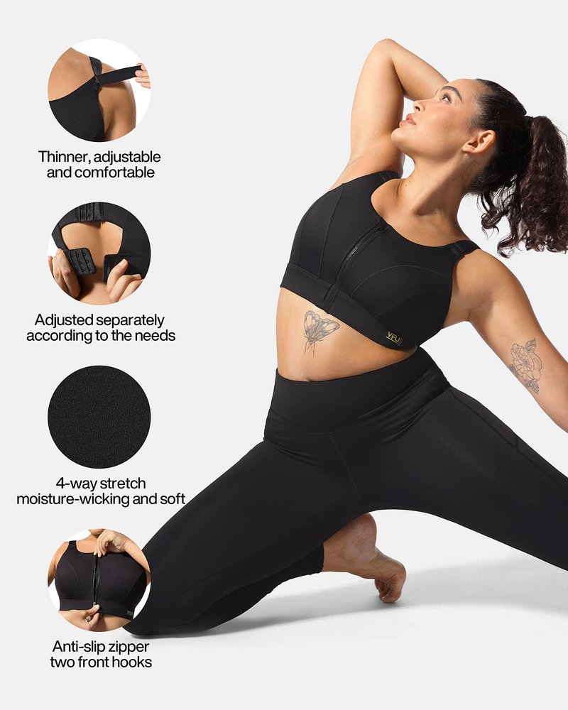 VFUS Adjustable High Impact Sports Bras for Women Zip Front Full Coverage and Lift Padded Compression Tops (XX-Large, Black)