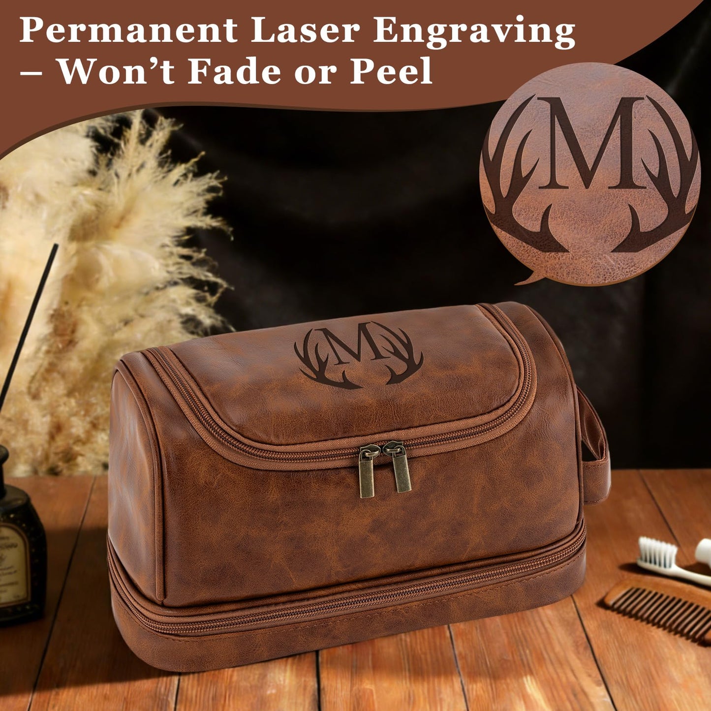 Aganmi Personalized Toiletry Bag Fathers Day Birthday Gifts for Men Dad Husband, Custom Initial PU Leather Waterproof Toiletry Organizer Dopp Kit Shaving Bag Travel Essential for Men (Reddish Brown J)