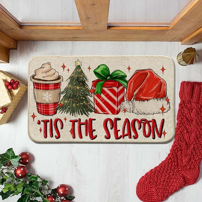 Christmas Hat Front Door Mat Indoor Outdoor Entrance 17x29, Tis The Season Xmas Winter Washable Non-Slip Rubber Red Doormat Inside Outside Entrance, Welcome Floor Mat for Home Holiday Decor AH32