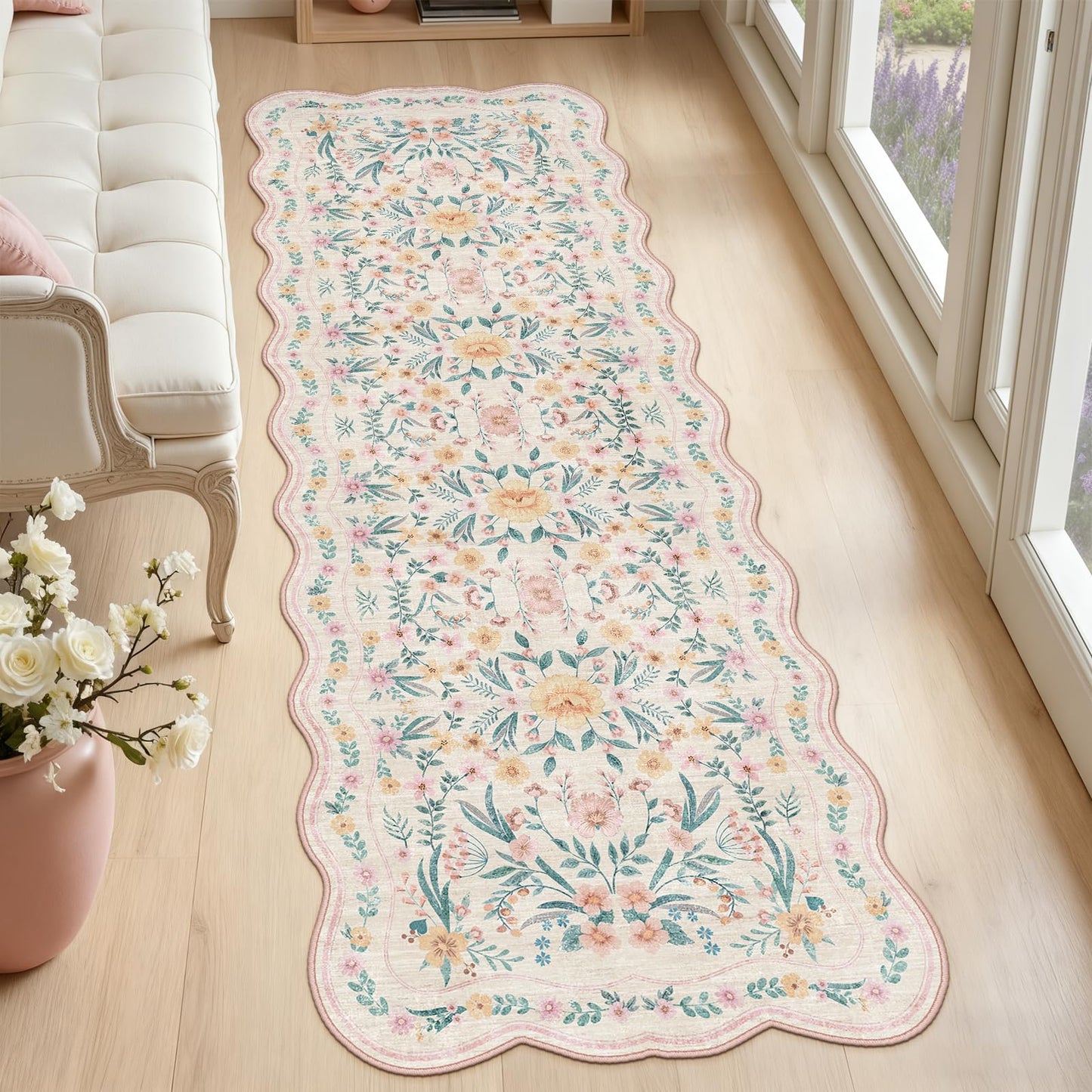 Dadasgk Scalloped Floral Runner Rug 2x6, Pink Washable Non-Slip Boho Hallway Rug, Soft Cute Carpet Runner for Kitchen, Bathroom, Laundry, Entryway or Bedroom