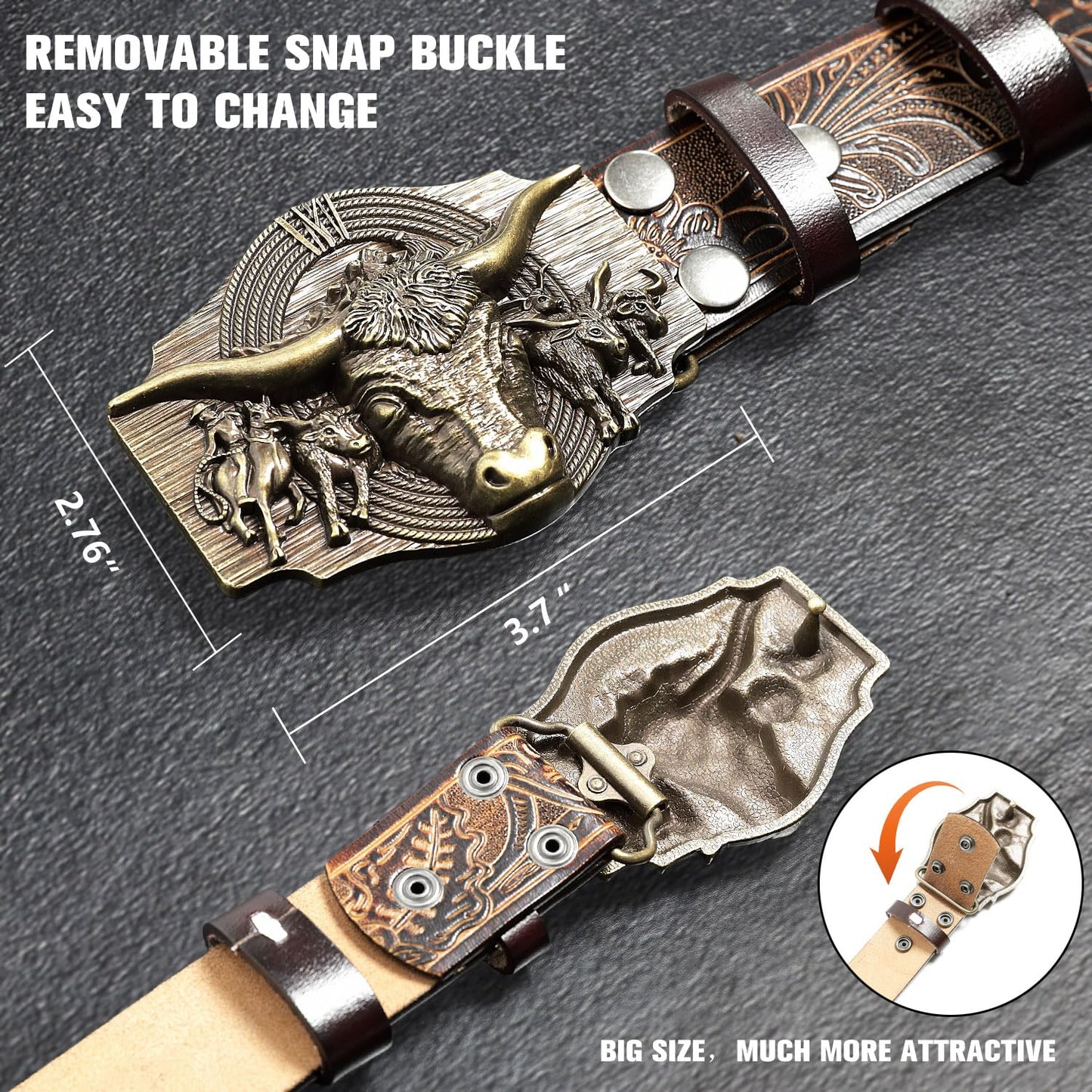 JIMJOY Men's Western Leather Belt Cowboy Belts for Men Big Engraved Buckle Belts