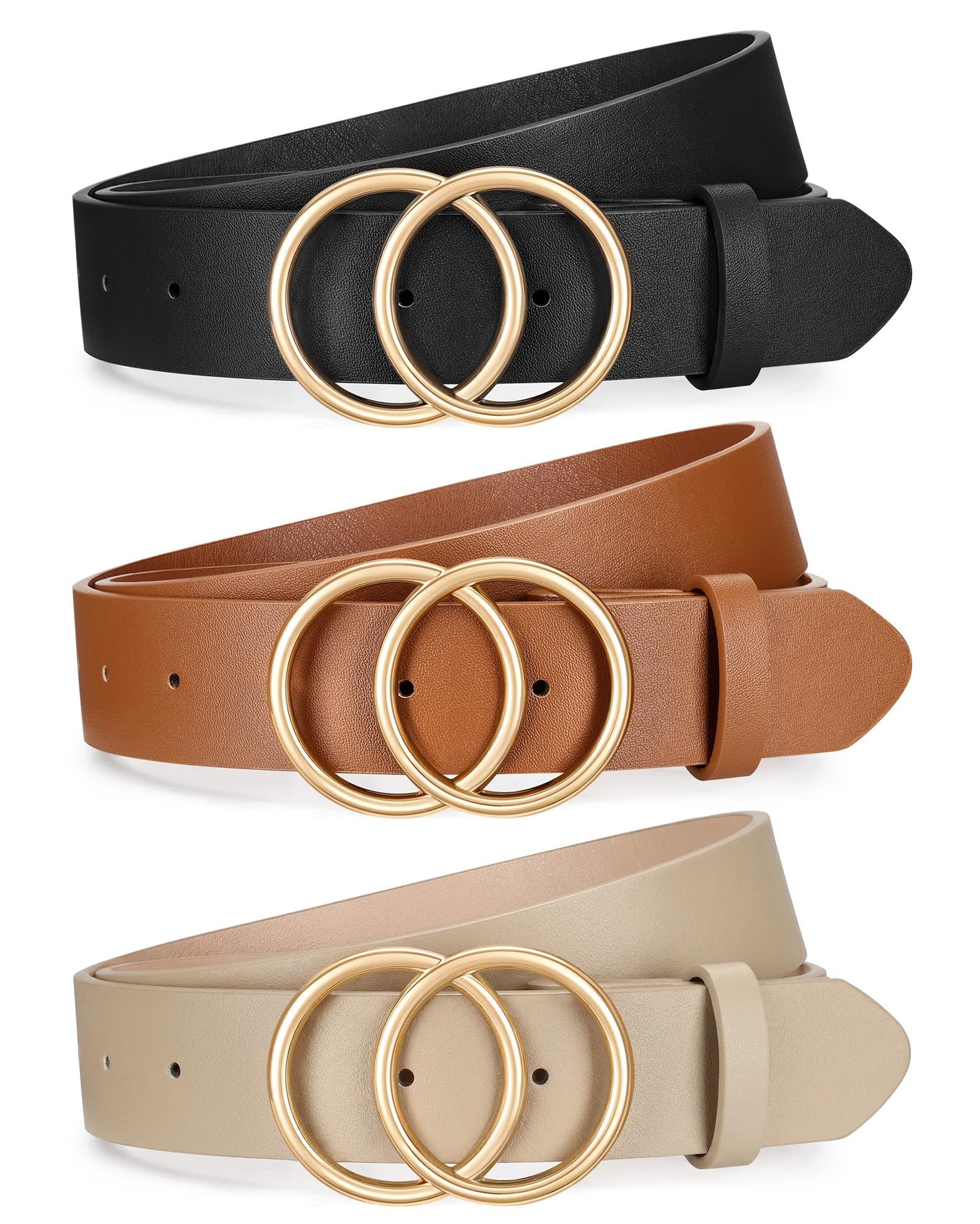 XZQTIVE 3 Packs Women's Leather Belts For Jeans Dresses Pants Fashion Ladies Waist Belt with Double O-Ring Gold Buckle