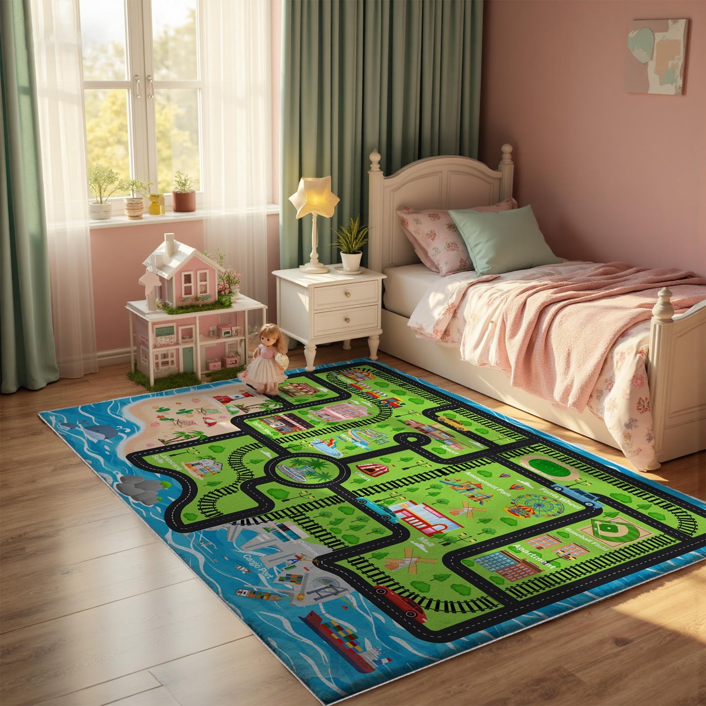 5x7ft Kids Island Train Car Play Rug - Non-Slip Faux Wool Carpet with Interactive Island Map Design, Educational Toy Vehicle Mat for Kids, Bedroom Playroom Nursery Gift.