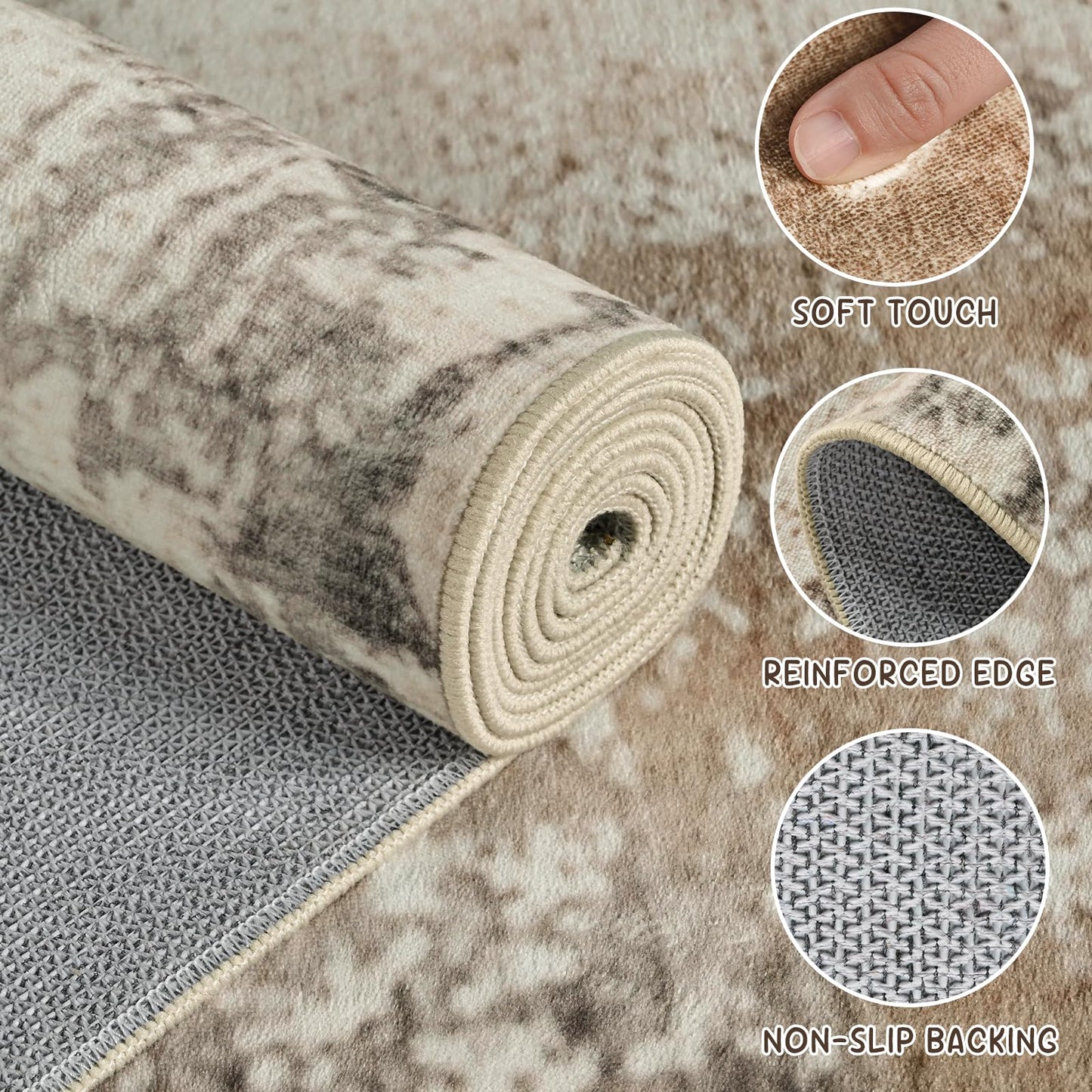6x9 Area Rugs for Living Room, Washable Rugs for Bedroom, Modern Abstract Rug with Non-Slip Silicone Backing, Low Pile Soft Carpet for Dining Dorms Room Nursery Office Indoor Home Decor (Brown&White)