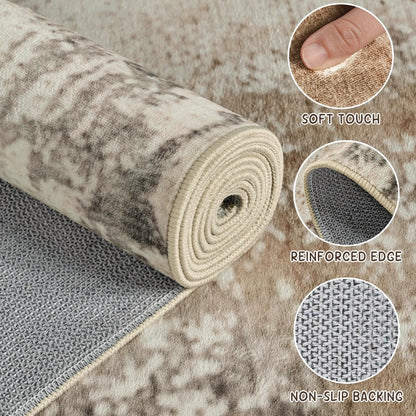 6x9 Area Rugs for Living Room, Washable Rugs for Bedroom, Modern Abstract Rug with Non-Slip Silicone Backing, Low Pile Soft Carpet for Dining Dorms Room Nursery Office Indoor Home Decor (Brown&White)