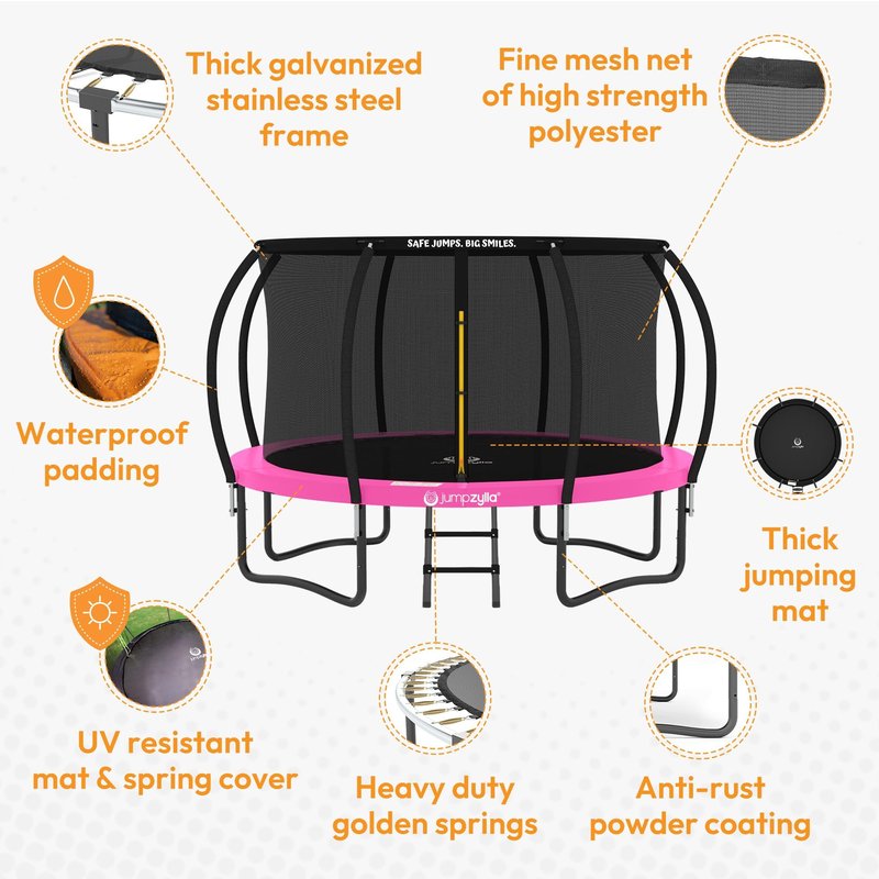 JUMPZYLLA Trampoline Outdoor 8FT 10FT 12FT 14FT 15FT 16FT with Enclosure and Ladder, ASTM Approved Recreational Trampoline for Kids and Adults, Anti-Rust Coated Frame (Pink, 8FT)