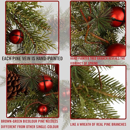 22-Inch Handcrafted Artificial Christmas Wreath with Pinecones, Red Ornaments, and Lifelike Pine Branches Winter Holiday Wreath for Front Door and Home Décor, Indoor/Outdoor Seasonal Décor