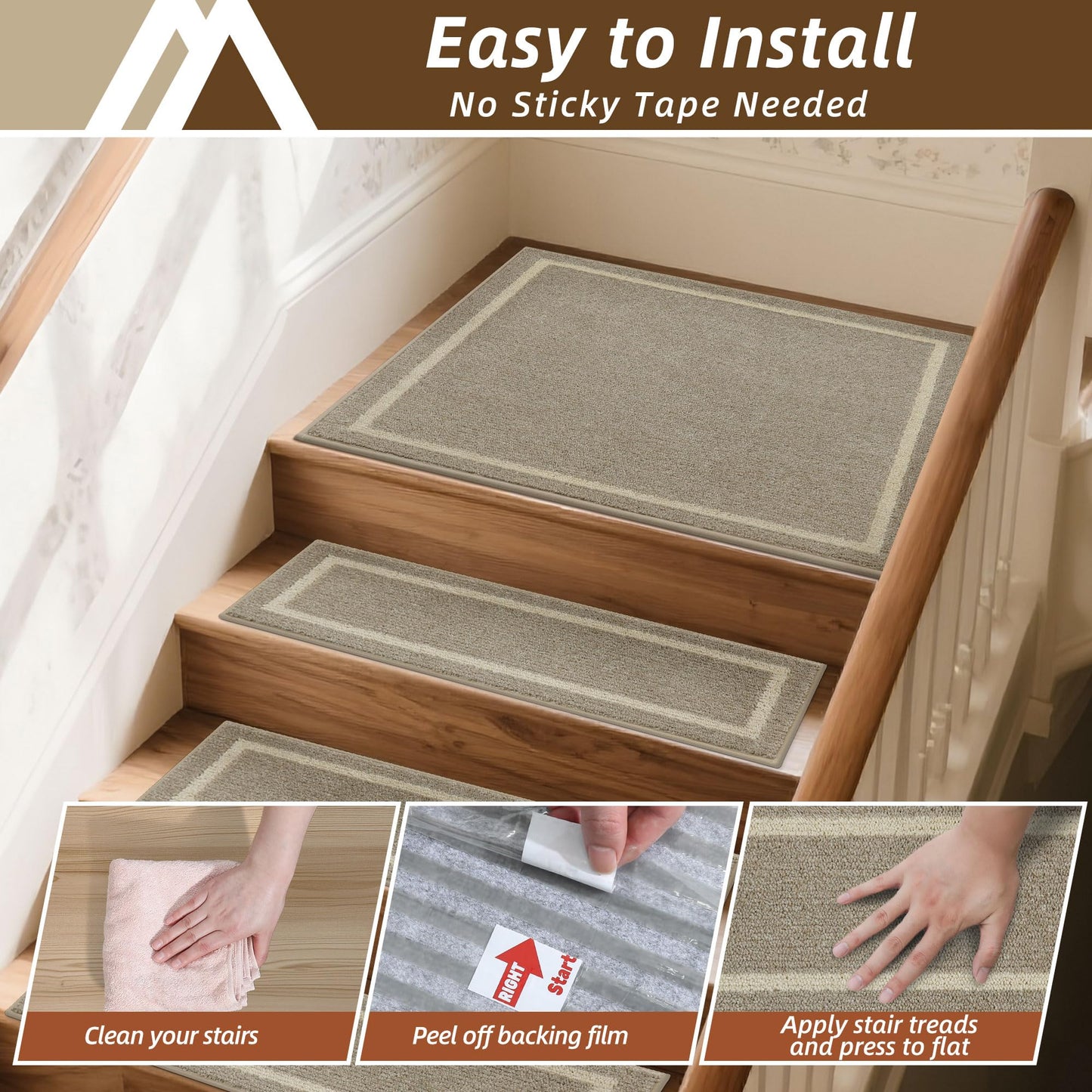 COSY HOMEER Stair Landing Rug 30x30 Inch, Non-Slip Square Landing Mat for Wood Steps Indoor, Washable Polyester with TPE Backing, Beige