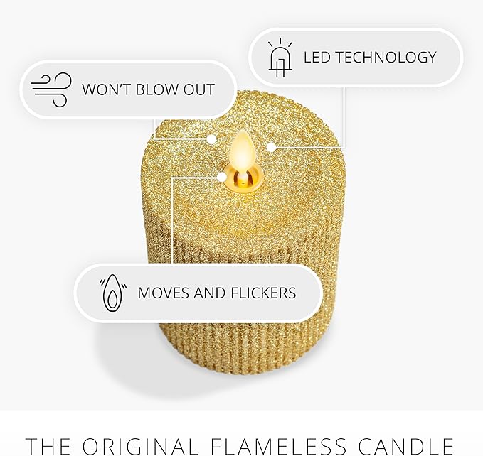 Luminara Rich Gold Glitter Ribbed Flameless LED Candle Moving Flame Pillar, Real Wax, Flat Top, Timer (3.25" x 4.5")