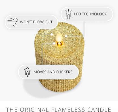 Luminara Rich Gold Glitter Ribbed Flameless LED Candle Moving Flame Pillar, Real Wax, Flat Top, Timer (3.25" x 4.5")