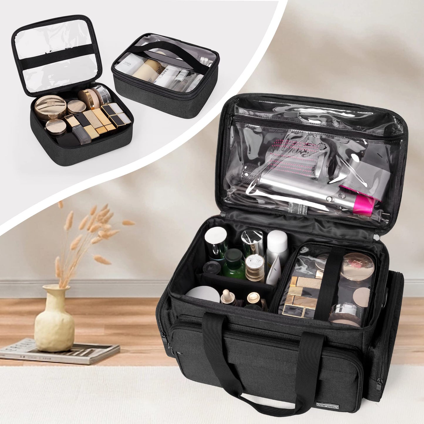 BAFASO Large Makeup Bag with 2 Removable Pouches and Detachable Dividers, Multifunctional Cosmetic Bag to Keep Makeup and Hair Supplies (Patent Pending), Black