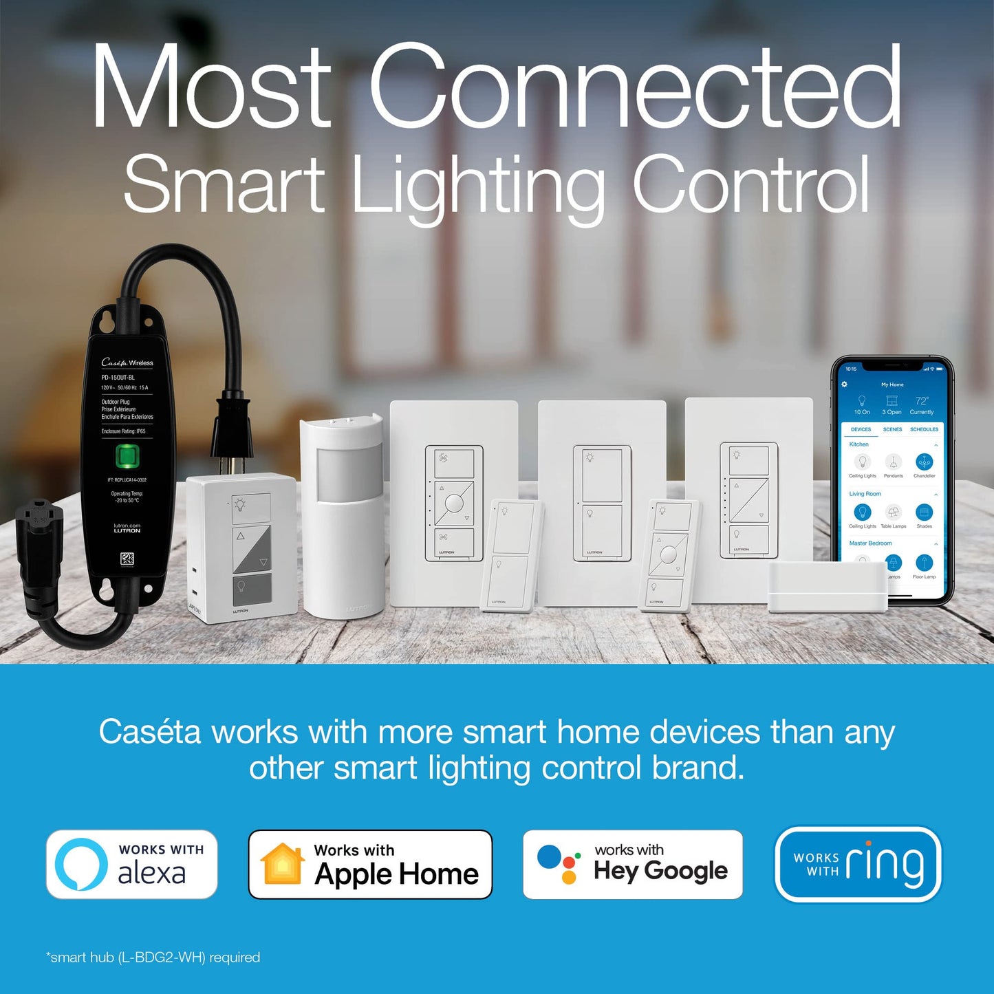 Lutron Caseta Original Smart Dimmer Switch With Wallplate (Lutron Smart Hub Required), for LED Lights, 150 Watt, Single-Pole/3-Way, No Neutral Required, PDW-6WCL-WH-A, White