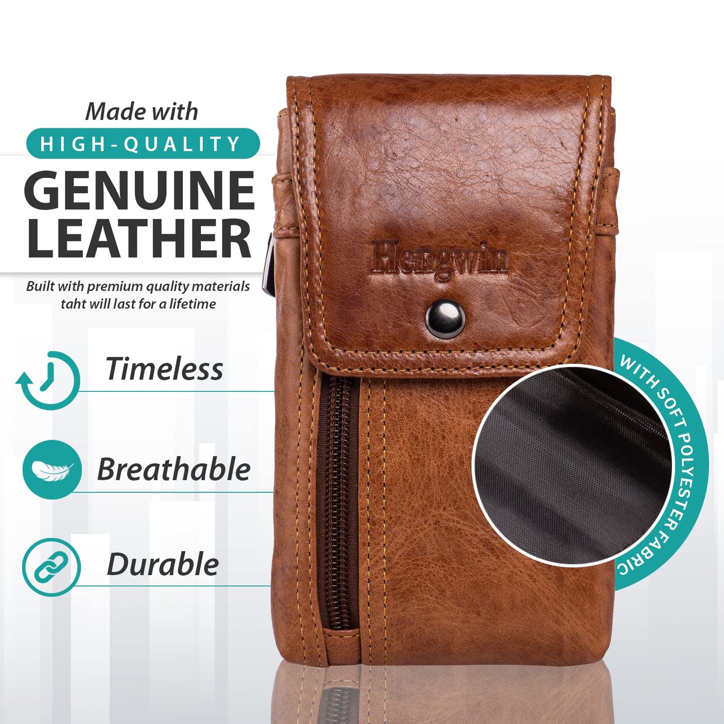 Hengwin Leather Cell Phone Holster Fit for iPhone 17 16 Pro 15 Pro 14 Pro 13 Pro 12 Pro Samsung Galaxy S24 S25 Pouch Case with Belt Clip Loop Card Holder, Waist Purse Mobile Phone Bag for Belt (Brown)