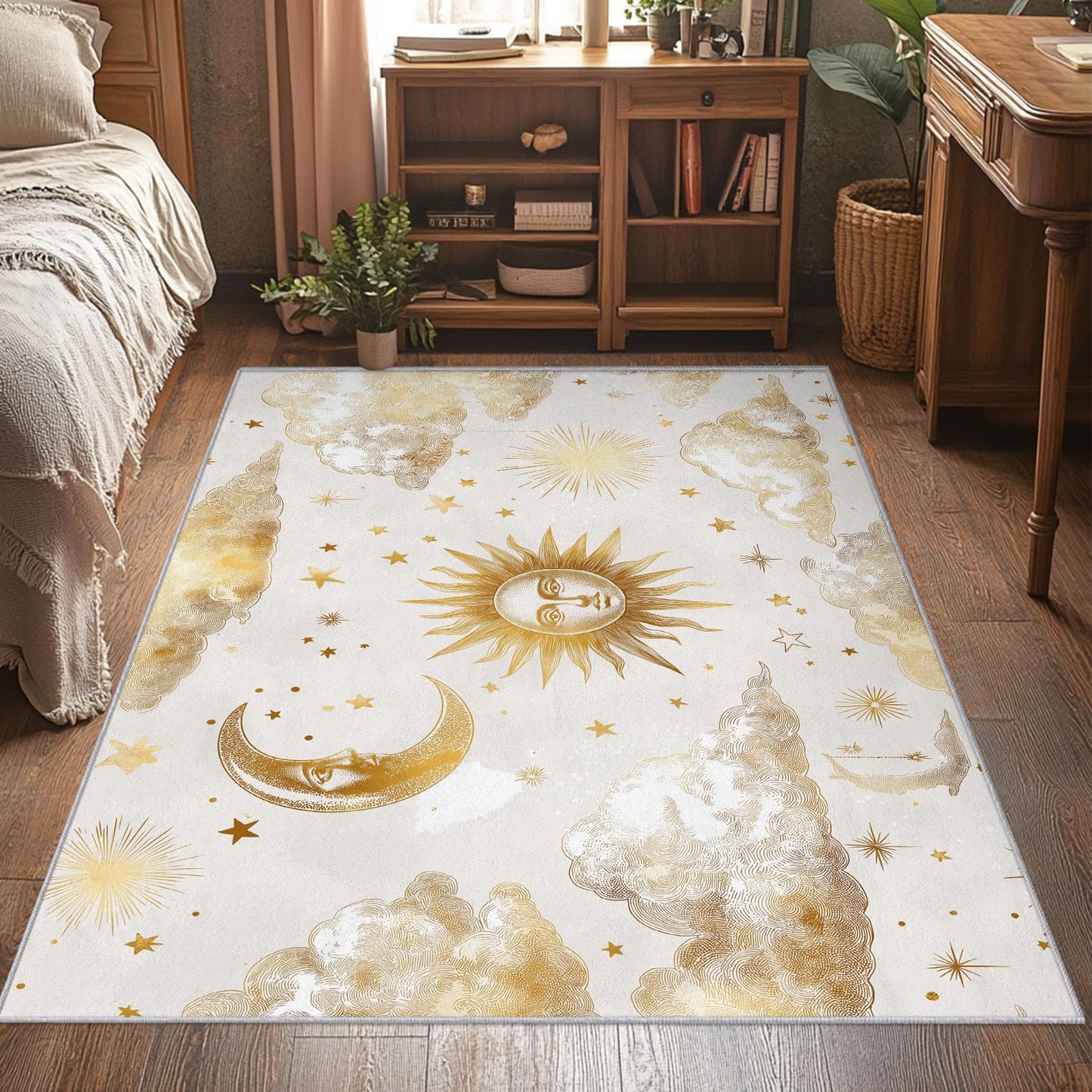 Celestial Rugs for Bedroom Decor, 8x10 ft, Mystical Astrology Clouds Stars Area Rugs for Living Room, Soft Non Slip Washable Witchy Sun and Moon Carpet Home Decorations ftx-1