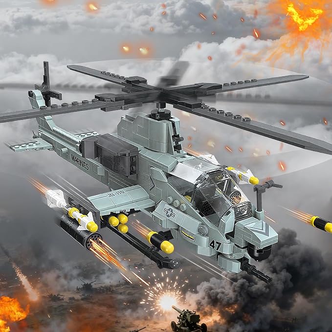 AH-1Z Viper Attack Helicopter Building Block Set (597 Pieces) - Compatible with Lego Plane Set Military Aircraft Model Kit Gifts for Adults