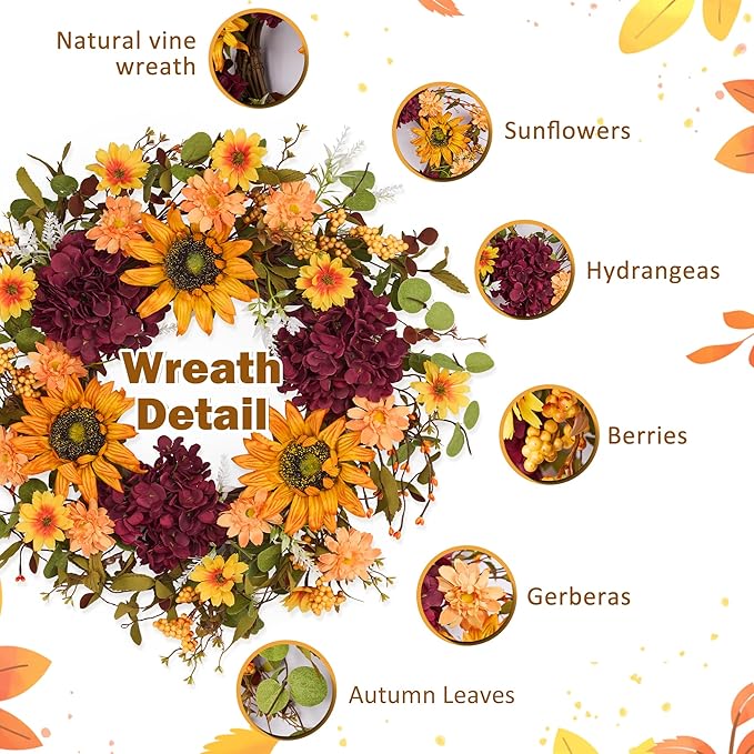 Sunflower Wreaths for Front Door, 24'' Autumn Wreath with Sunflower Hydrangeas & Leaves for Porch Window, Halloween Thanksgiving Wreaths for Home Decor