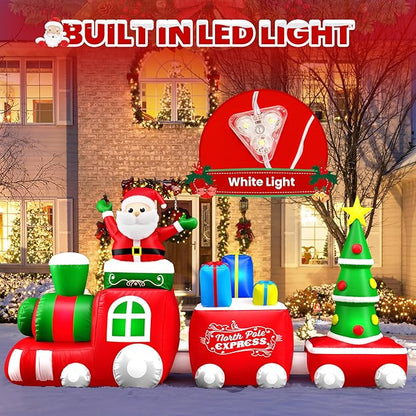 11 FT Deluxe Christmas Inflatables Train with Santa Claus, Gift Box, Christmas Tress, Built-in LED Lights, Blow Up Lovely Train Carriage for Christmas Party Holiday, Outdoor Garden Lawn Yard Decor