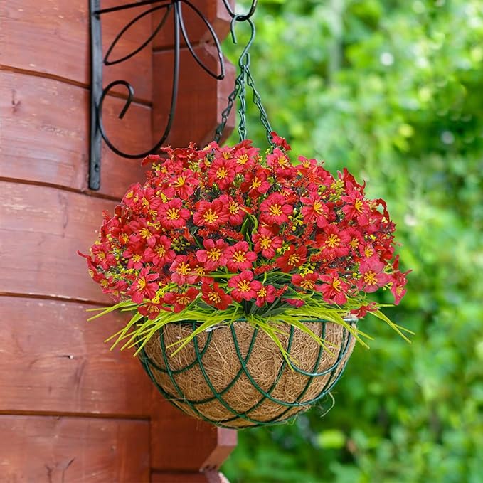 36pcs Faux Plants Outdoor, Uv Resistant Artificial Plants Outdoor Fake Flowers Plants Plastic Greenery Shrubs for Outside Window Box Garden Patio Porch Home Decor (Mixed Red)