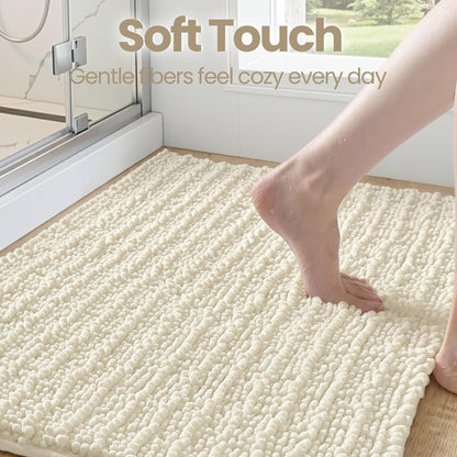 DEXI Bathroom Rugs 24x43, Super Soft Thick Chenille Absorbent Bath Mat, Non Slip Machine Washable Fluffy Shag Bathmat for Tub, Shower Floor, Ivory