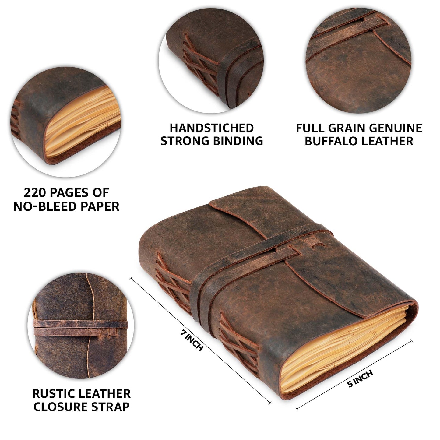 LEATHER VILLAGE Leather Bound Journal - Rustic Brown, 7"X5", 220 Pages - Vintage Blank Paper Diary for Writing, Drawing, Sketchbook, and Travel Notebook - Ideal for Women and Men